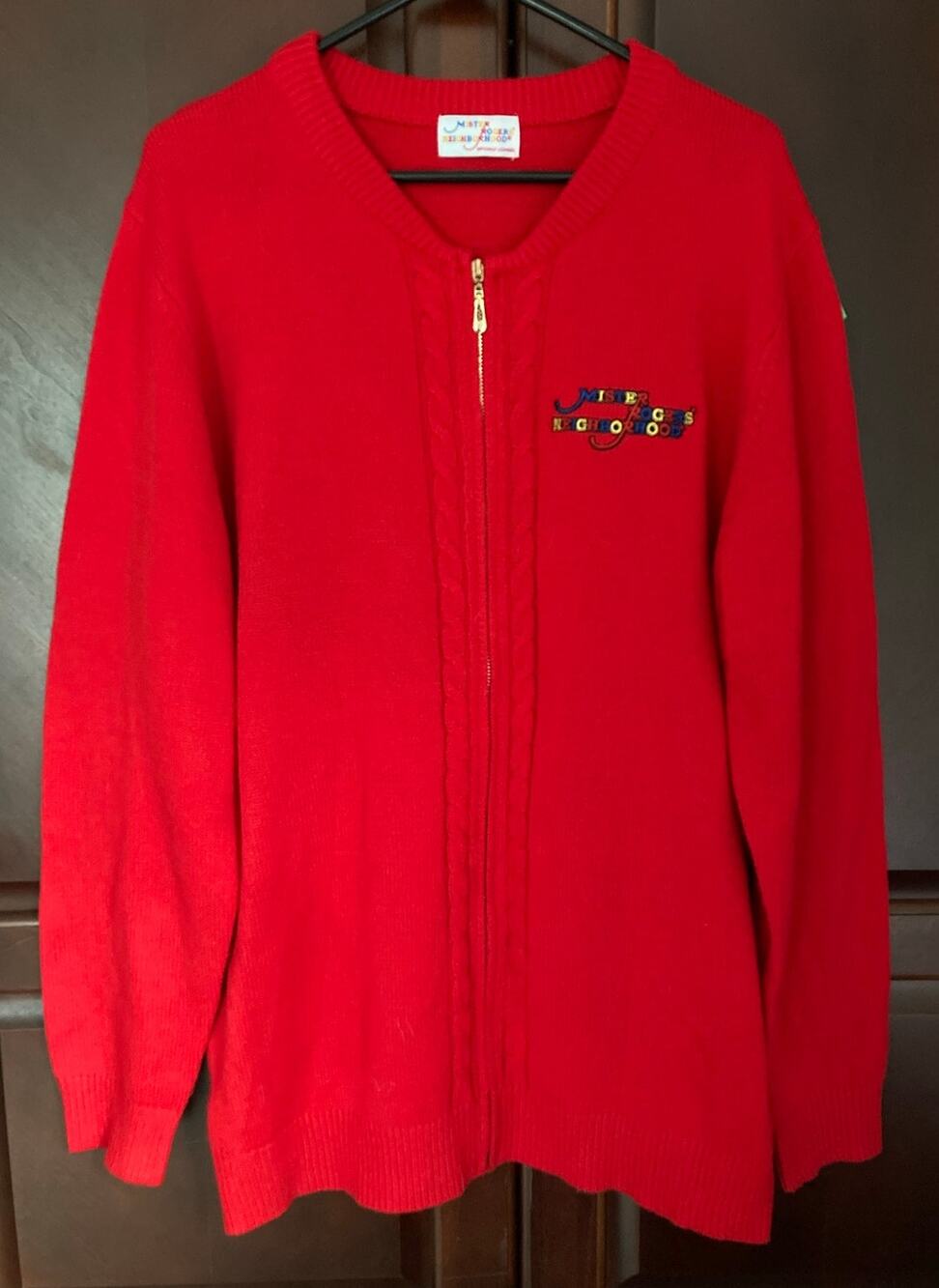Mister Rogers Neighborhood -Nostalgic Red Zip Up Cardigan Cable Knit Sweater -XL